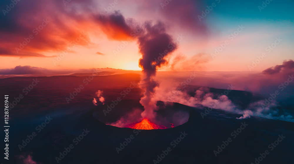 Fototapeta premium A volcano silhouetted against a dramatic sunset with smoke rising into the colorful sky captured by a drone.