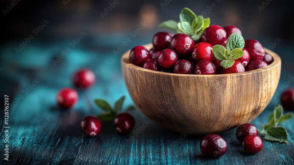 Fresh cranberries in wooden bowl with mint. Fresh cranberries in wooden bowl with mint.