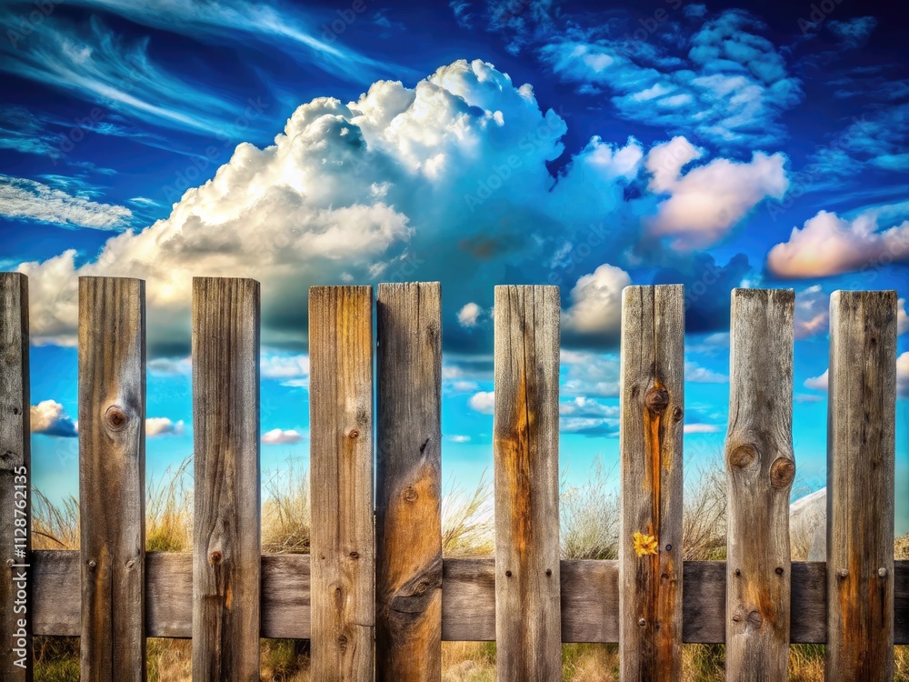 Dreamy cloudscape merges with rustic fence, a surreal wooden haven against a vibrant blue sky. Dreamy cloudscape merges with rustic fence, a surreal wooden haven against a vibrant blue sky.