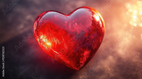 A vibrant, glowing heart at sunset, evoking warmth and love. A digitally rendered heart, intensely red and seemingly glowing with an inner light, sits on a sunrise or sunset backdrop.