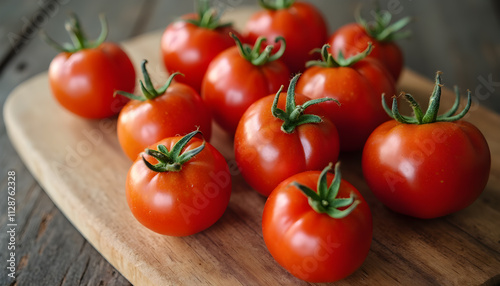 Fresh red tomatoes on a wooden cutting board arranged artistically for culinary presentation