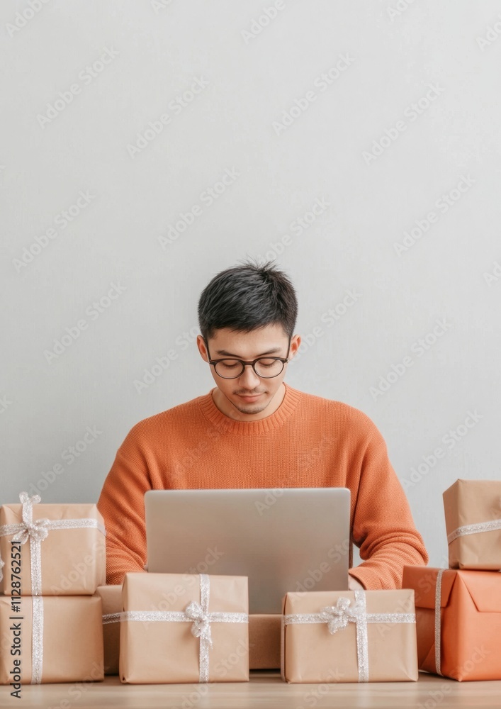 Online Holiday Shopping and Seasonal Sales Young Man in Modern Home Office Surrounded by Christmas Gifts Online Holiday Shopping and Seasonal Sales Young Man in Modern Home Office Surrounded by Christmas Gifts