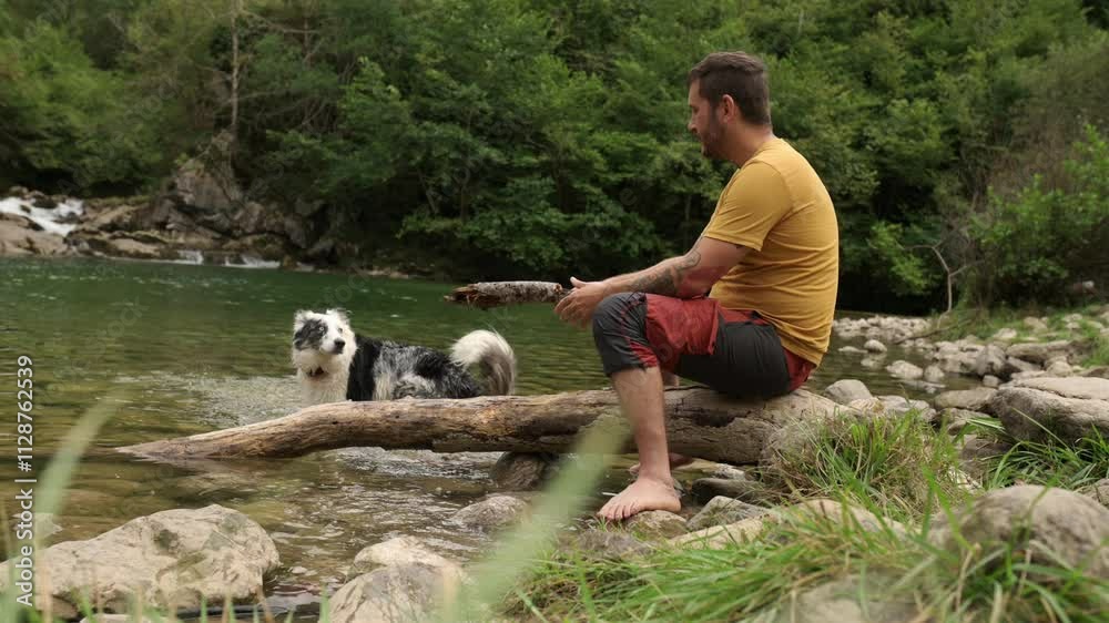 Man trains his border collie dog by a river, using a stick to teach him tricks