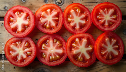 Freshly sliced tomatoes arranged on a wooden board with herbs and seasonings in a kitchen setting