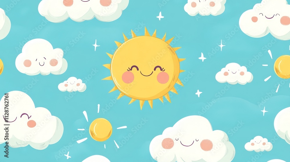 Happy Sun and Smiling Clouds in a Blue Sky Happy Sun and Smiling Clouds in a Blue Sky