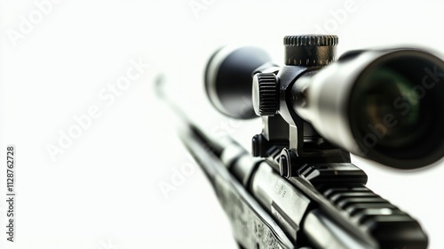 Closeup view of a riflescope mounted on a rifle