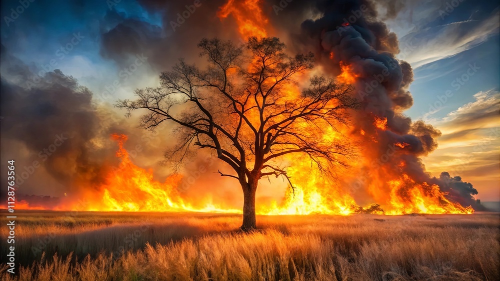 A lone tree stands tall against the fiery backdrop of a raging wildfire, its branches reaching towards the sky like charred fingers, a silent witness to nature's destructive power. A lone tree stands tall against the fiery backdrop of a raging wildfire, its branches reaching towards the sky like charred fingers, a silent witness to nature's destructive power.