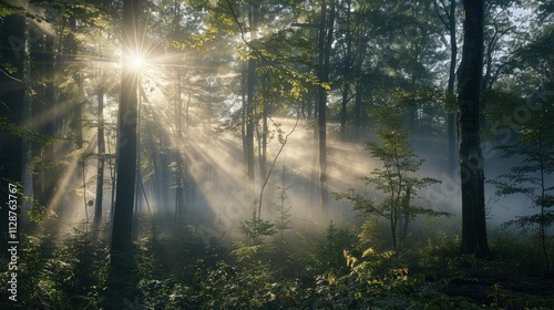 High-end photography of a serene forest with a misty morning atmosphere and sunlight breaking through the trees