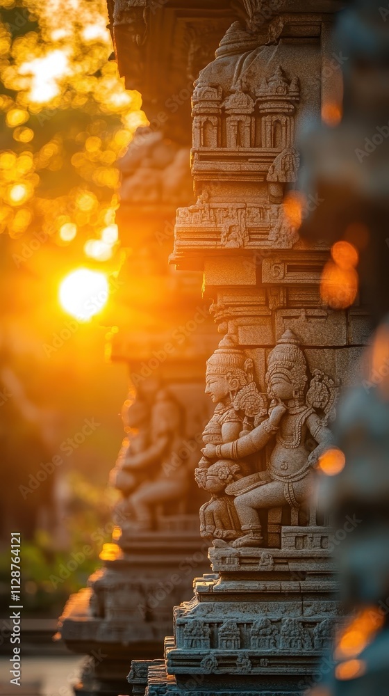 Fototapeta premium Golden Hour at the Temple: Intricate Stone Carvings Basking in Sunset's Warm Embrace