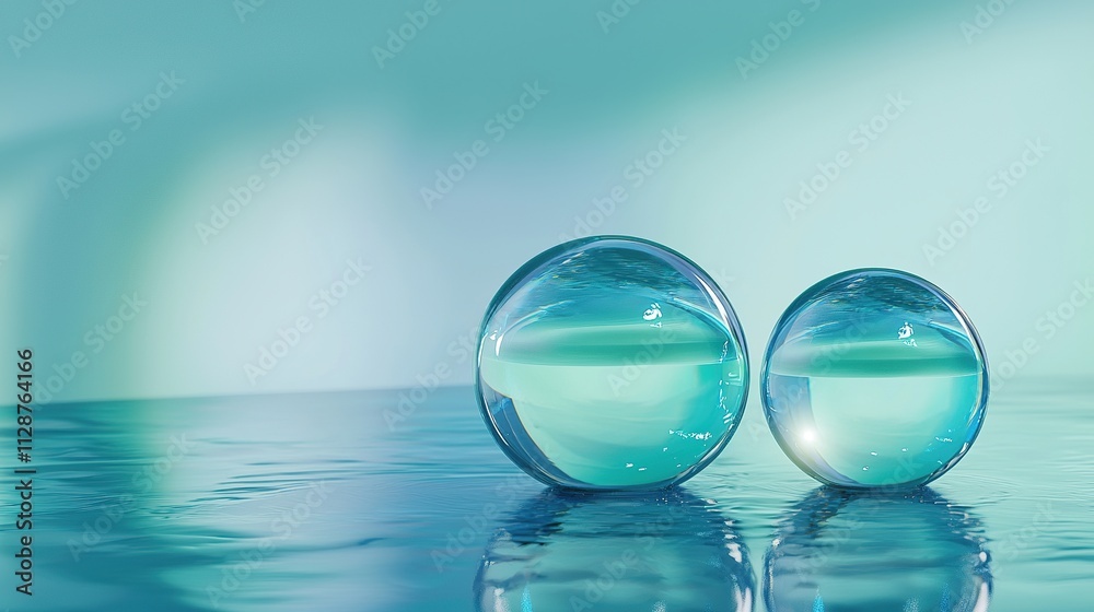 Two glass spheres create a calming visual on a smooth surface with reflections Two glass spheres create a calming visual on a smooth surface with reflections