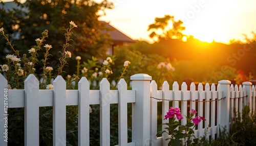 Fototapeta Naklejka Na Ścianę i Meble -  White wood fence surrounding a garden, with fresh plants and flowers, illuminated by the soft light of sunset