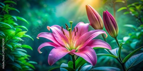 Captivating Pink Lily Flower Among Lush Green Leaves and Buds in Low Light Photography, Perfect for Botanical Illustrations and Nature Enthusiasts