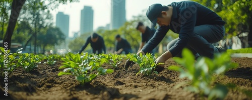 Businessmen and community members planting trees together in a lush green park, symbolizing sustainable development goals and corporate responsibility for the environment photo