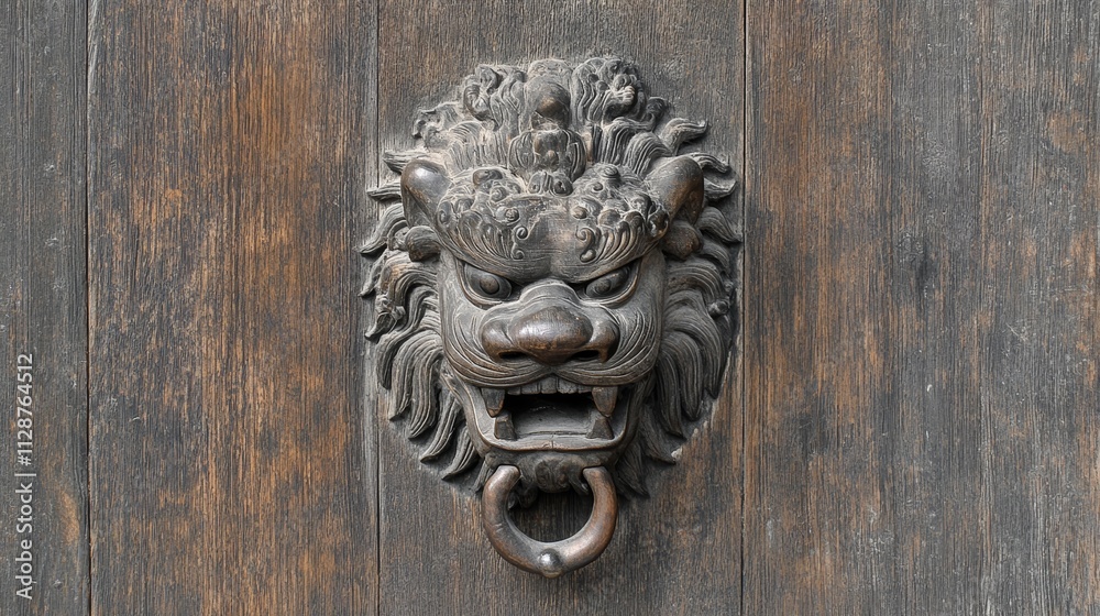 Old Door handle - turn off the head shape of a big lion Wood Door an ancient temple in China Old Door handle - turn off the head shape of a big lion Wood Door an ancient temple in China