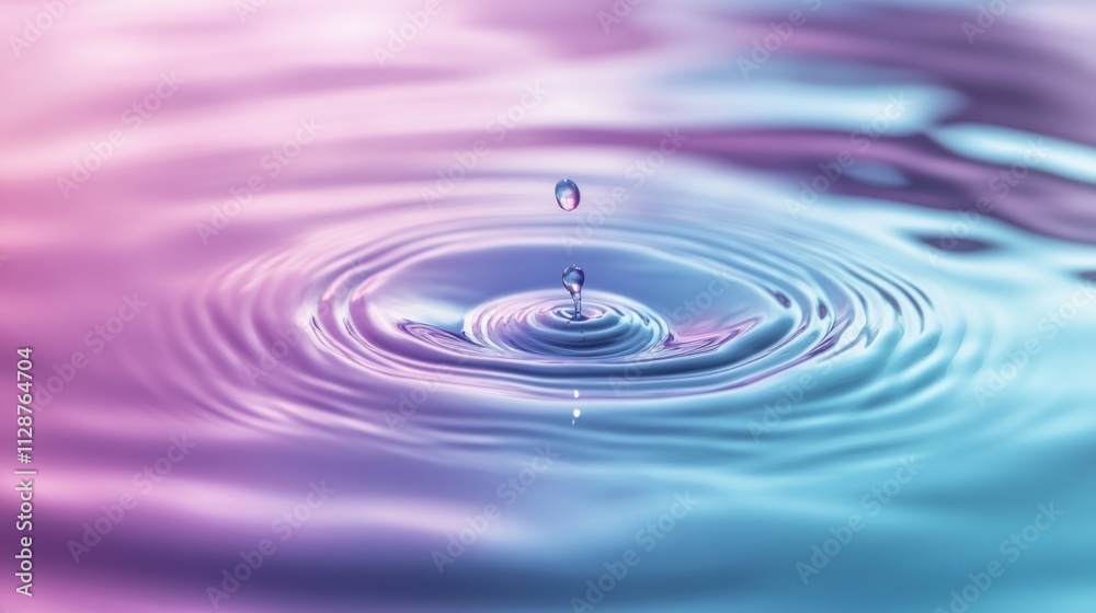 Water droplet impacting calm pastel surface creating ripples Water droplet impacting calm pastel surface creating ripples