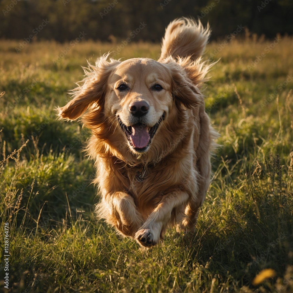 A golden retriever running joyfully through a sunlit meadow.
A golden retriever running joyfully through a sunlit meadow.