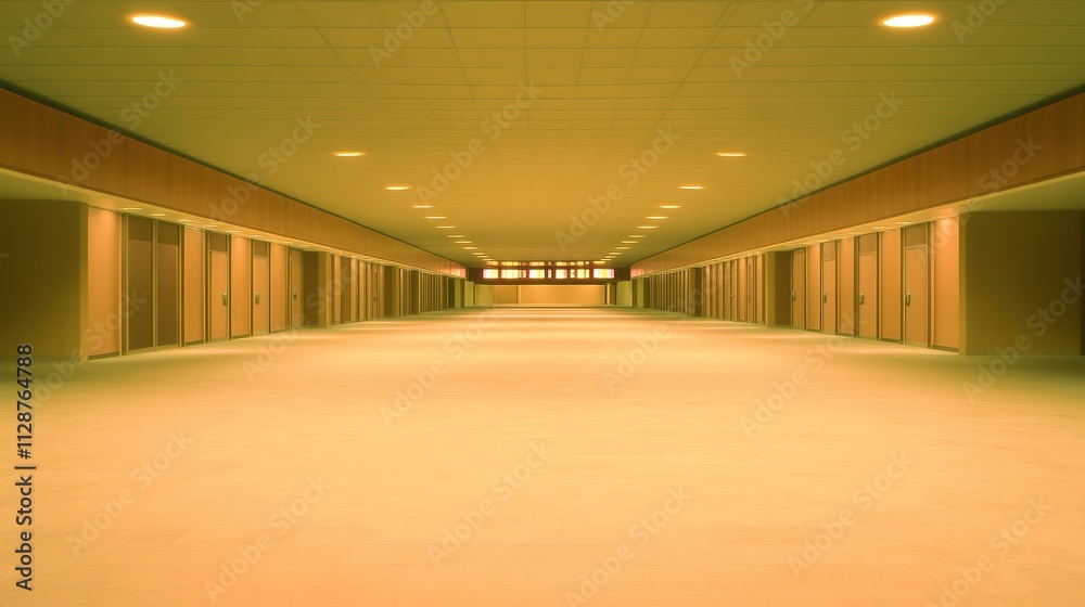 long corridor leading to multiple theater entrances lit by subtle floor lights and glowing signs above doors long corridor leading to multiple theater entrances lit by subtle floor lights and glowing signs above doors