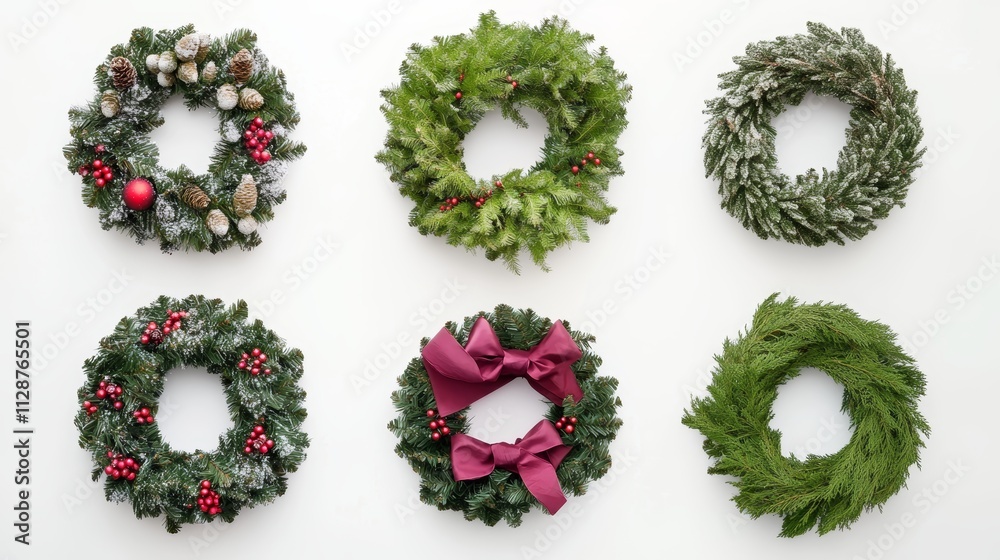 Christmas composition Christmas wreath on white background Flat lay top view copy space Christmas composition Christmas wreath on white background Flat lay top view copy space