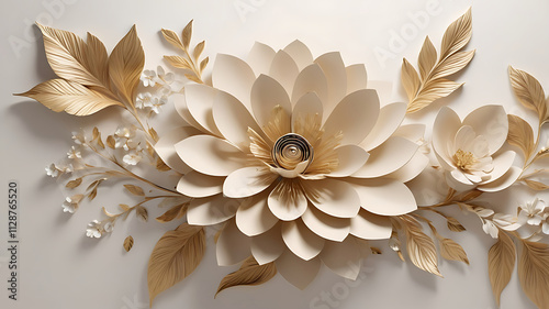 Modern elegant 3D render  floral wall art with cream and gold colors accents luxury interior design inspiration design.