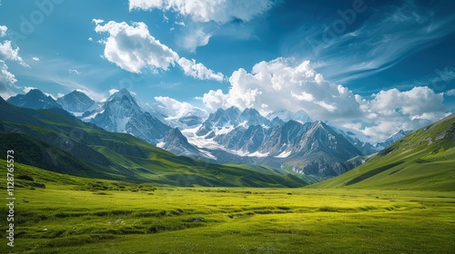 High-end photography of a serene mountain landscape with green meadows and snow-capped peaks under a blue sky