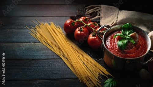 A Rustic Still Life Featuring Dried Pasta, Fresh Basil, and Homemade Tomato Sauce Ready for a Delicious Meal photo