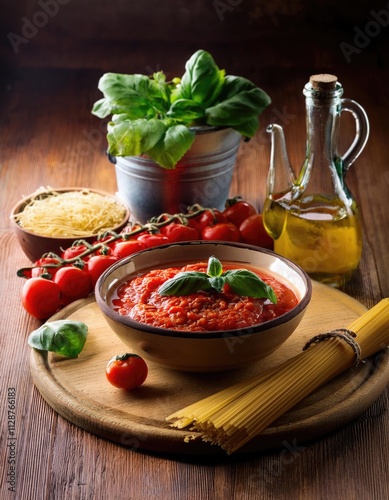 A Rustic Still Life Featuring Dried Pasta, Fresh Basil, and Homemade Tomato Sauce Ready for a Delicious Meal photo