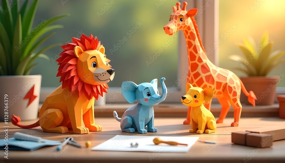 Obraz premium Colorful Papercraft Origami-Style Animals on a Minimalistic Background