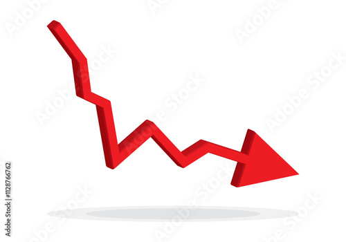 Red 3d arrow going down stock icon on white background. Bankruptcy, financial market crash icon for your web site design, logo, app, UI. graph chart downtrend symbol.chart going down sign.