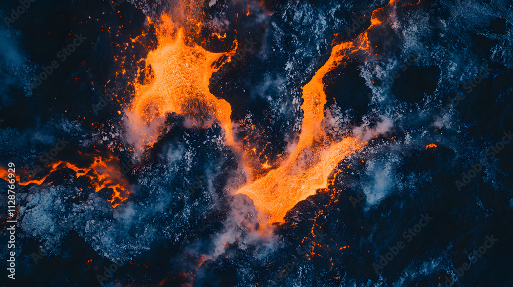 A birds-eye drone view of a volcanos crater filled with molten lava at night.