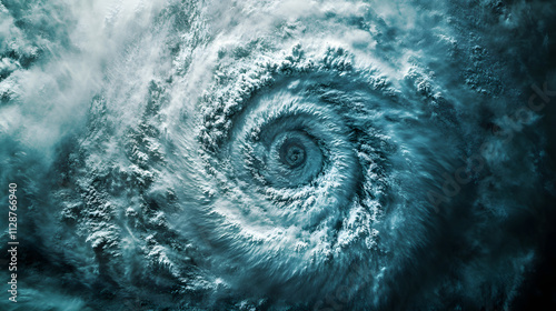 A birds-eye view of an ocean cyclone with swirling clouds and spiraling waves below.