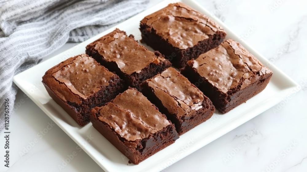 Sliced homemade brownies on white plate Served on rectangle white plate Favorite chocolate dessert for chocolate lover Sweet and moist of cocoa taste Top view Sliced homemade brownies on white plate Served on rectangle white plate Favorite chocolate dessert for chocolate lover Sweet and moist of cocoa taste Top view