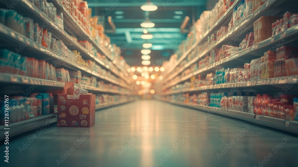 Empty Supermarket Aisle with a Single Box Empty Supermarket Aisle with a Single Box