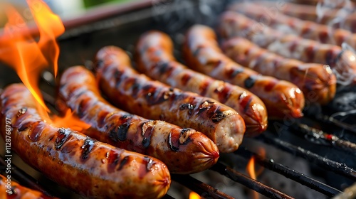 A closeup of delicious smells coming from bratwursts that are cooking on a barbecue photo