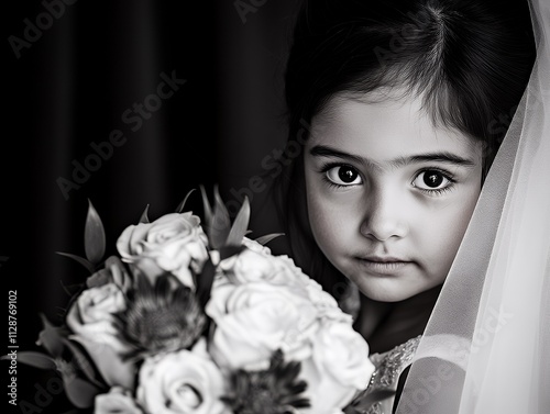 Flower girl shyly hiding in blooms photo