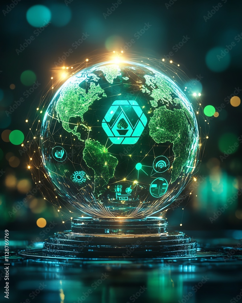 A glowing crystal globe featuring a sustainable development icon, surrounded by green technology and environmental protection symbols, symbolizing a clean energy future A glowing crystal globe featuring a sustainable development icon, surrounded by green technology and environmental protection symbols, symbolizing a clean energy future