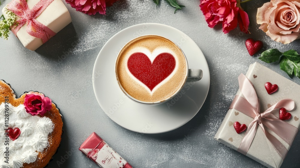 Breakfast for Valentines day with cup of coffee gift flowers and cake in shape of heart on gray table from above in flat lay style