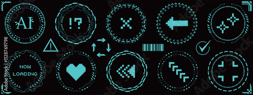 サイバーパンクなアイコンと装飾セット　ブルー