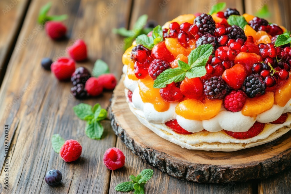 Pavlova with layer meringue and fruits Pavlova with layer meringue and fruits