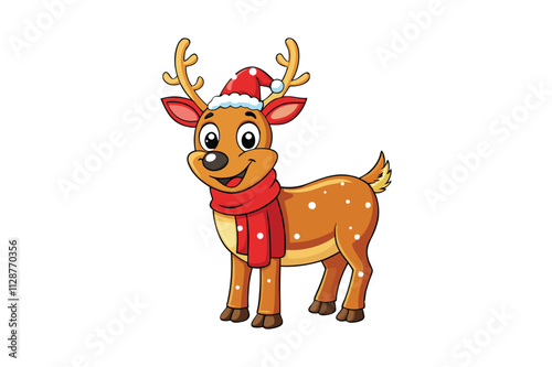A festive cartoon reindeer with a red scarf and Santa hat