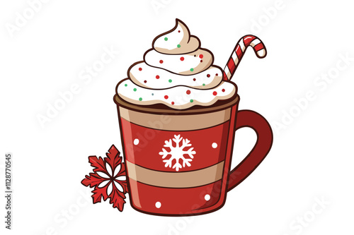 A cozy cartoon mug of hot chocolate topped with whipped cream and candy canes