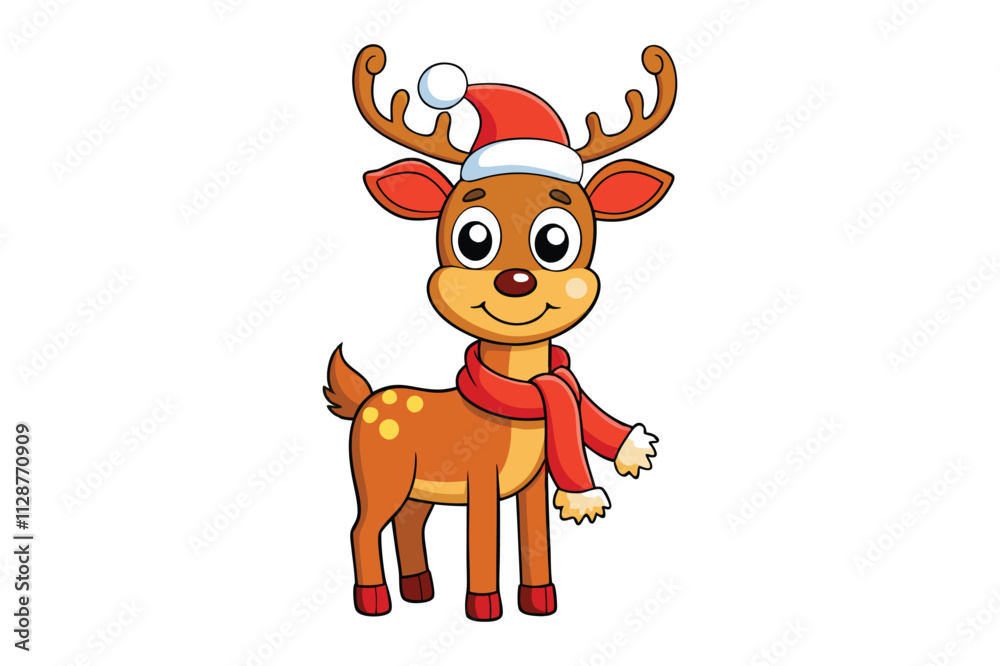 A festive cartoon reindeer with a red scarf and Santa hat A festive cartoon reindeer with a red scarf and Santa hat