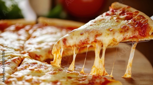 Delicious cheese pizza with gooey cheese stretching from a slice served on a wooden board