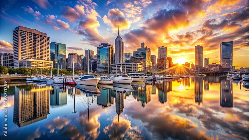 Obraz premium A vibrant cityscape bathed in the golden hues of a spectacular sunrise, with a fleet of boats reflecting the majestic skyline in the calm waters.