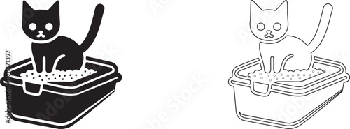 Kitten sits in a tray with litter. Vector sign.
