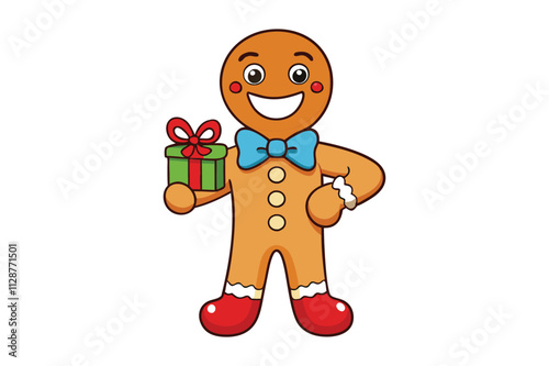 A playful gingerbread man character wearing a red bow tie