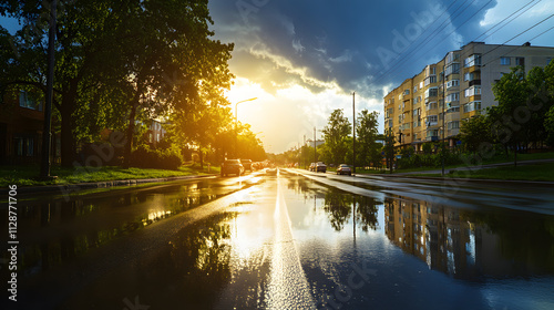 A city street with a sunny half and a stormy half divided by a sudden rainfall boundary. photo