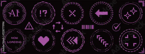 サイバーパンクなアイコンと装飾セット　ピンク