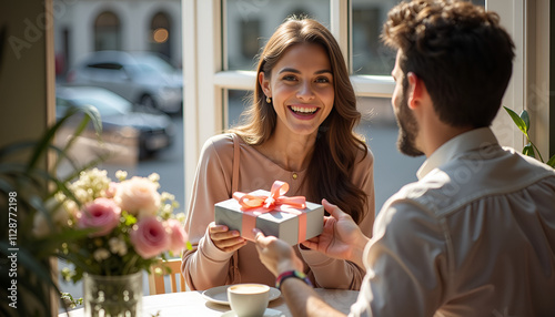 Young woman smiling happily receiving a gift from a man in a cafe with a beautiful view