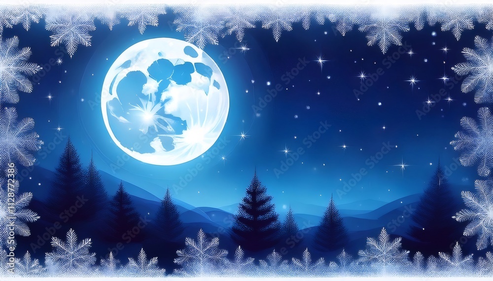 Naklejka premium Winter wonderland scenery with full moon, stars, snowy hills and fir trees, framed by decorative snowflakes, creating a magical christmas atmosphere