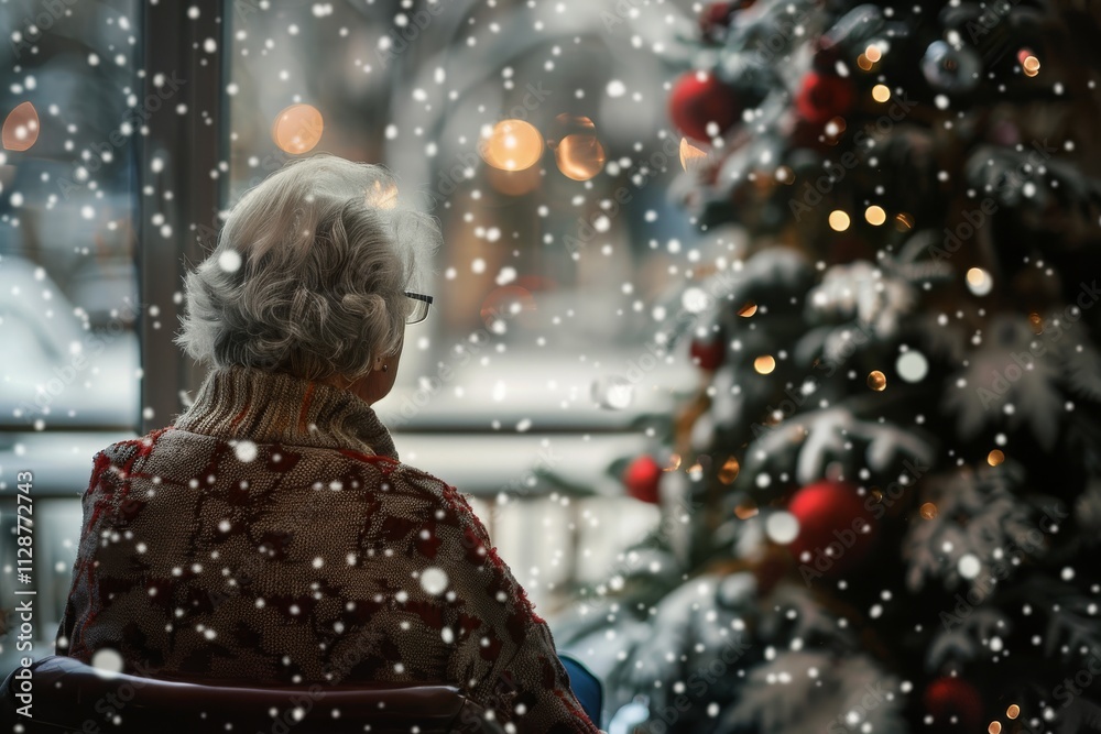 Naklejka premium Back view of lonely old woman sitting by her selves at nursing home, Christmas time. Christmas Eve snowfall, New Year's background outside. MZ